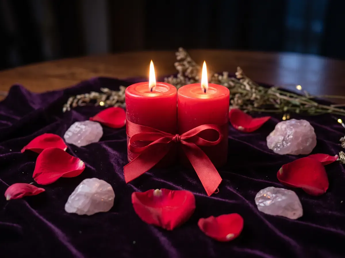 Dos velas rojas atadas con un lazo, entre pétalos de rosa y cuarzos