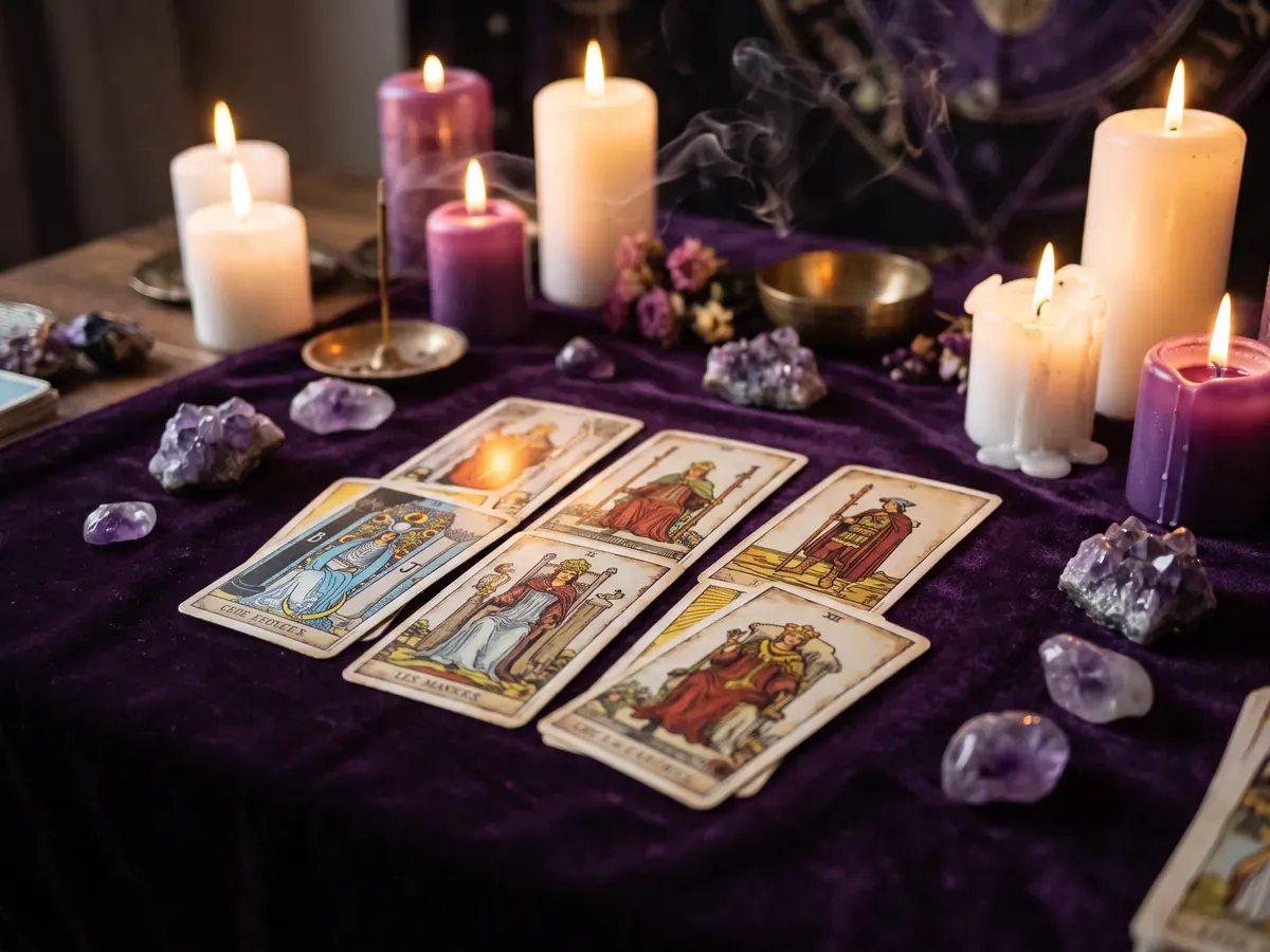 Tirada de cartas de tarot sobre terciopelo morado, con velas y amatistas